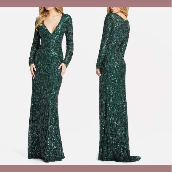 NWT $598 Mac Duggal [ 6 ] Long‎ Sleeve Beaded V-Neck Gown in Forest Green - Picture 2 of 14